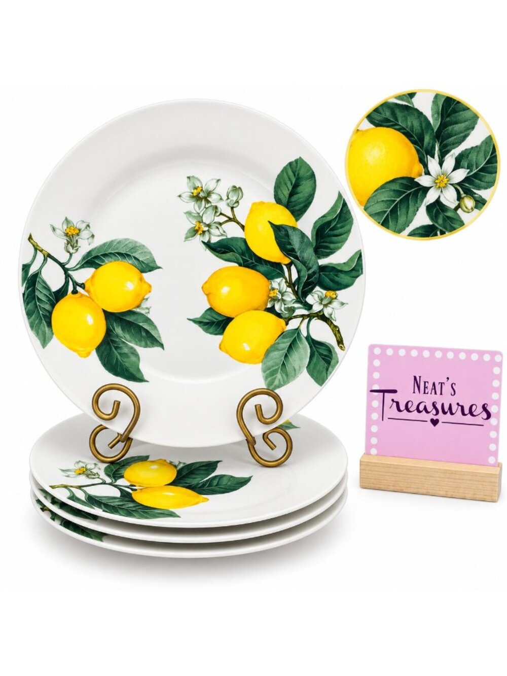 Royal Norfolk LEMON Branch Yellow Green Smooth Stoneware Dinner Plates Set of 4